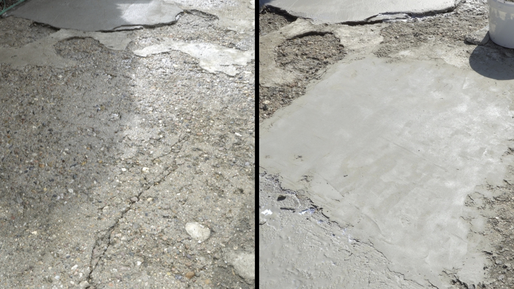 Efekt przed i po uzupełnianiu ubytków zaprawą Cement Filler