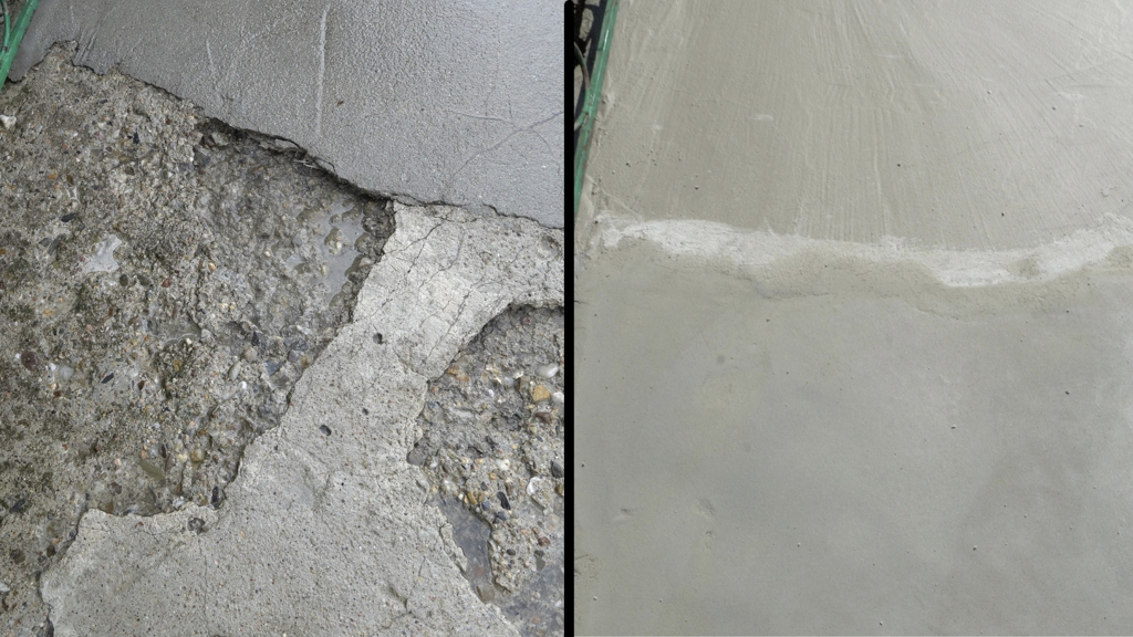 Efekt przed i po uzupełnianiu ubytków zaprawą Cement Filler z piaskiem kwarcowym