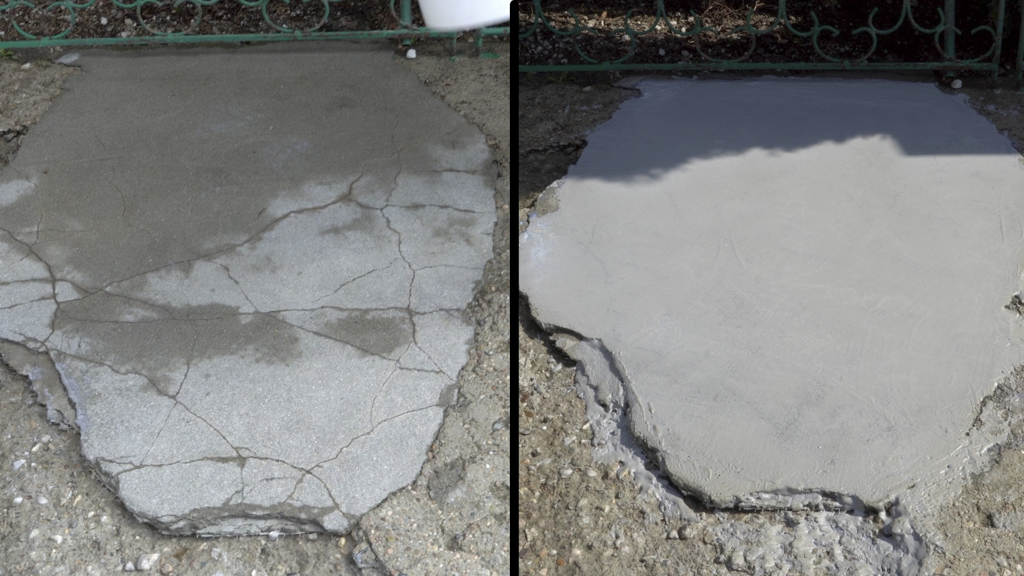 Efekt przed i po uzupełnianiu ubytków zaprawą Floor Repair